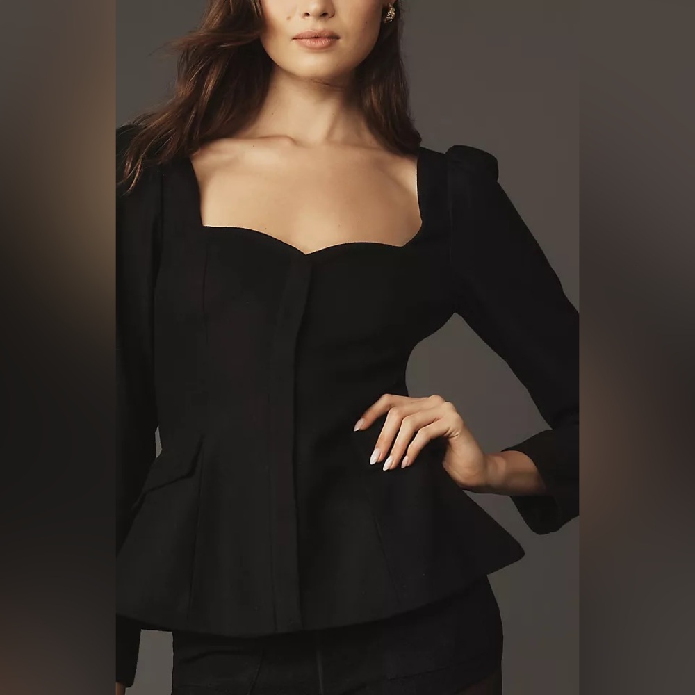 Reformation Edie Black Peplum Top Sweetheart Neckline Long Sleeve Blouse